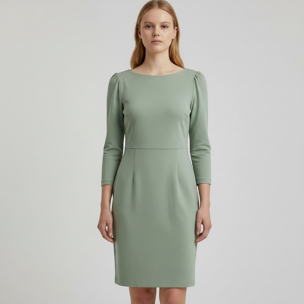 Calvin Klein Seafoam Green Exposed Gold Zip 3/4 Sleeve Sheath Office Dress Sz 12 - Picture 2 of 12